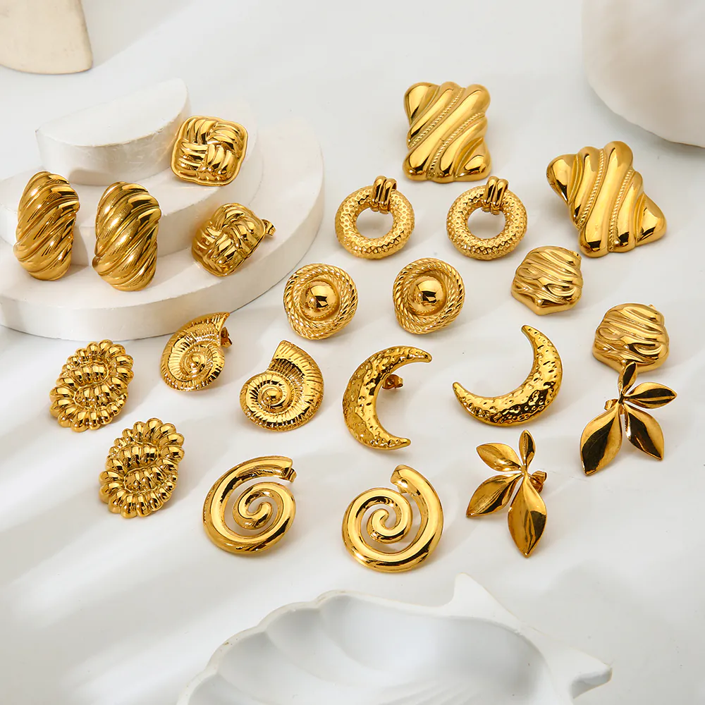 18K Gold Plated Waterproof Stainless Steel Geometric Irregular Spiral Stud Earrings, Ins Niche Luxury Textured Ear Jewelry For Women Daily Wear - Image 4