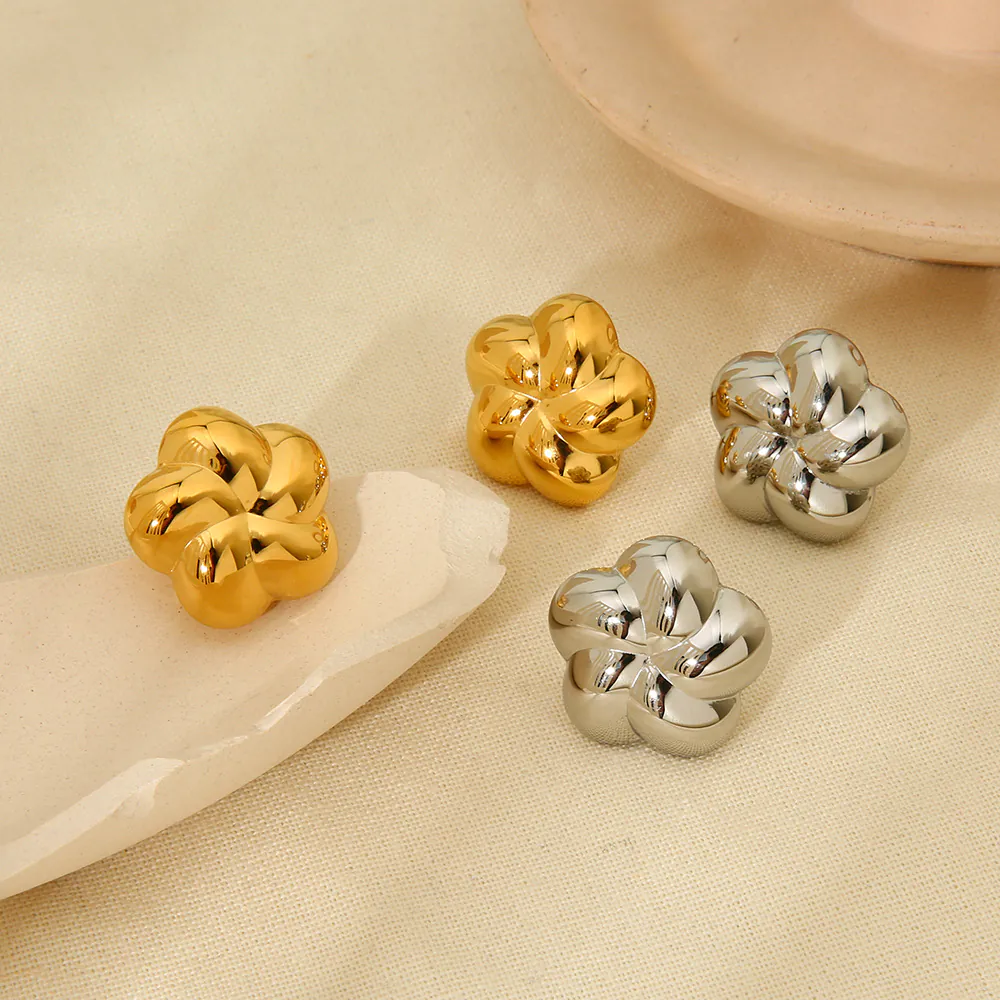 18K Gold Plated Waterproof Stainless Steel Stud Earrings, Ins Spiral Flower Niche Luxury Textured Ear Jewelry For Women Daily Wear - Image 2
