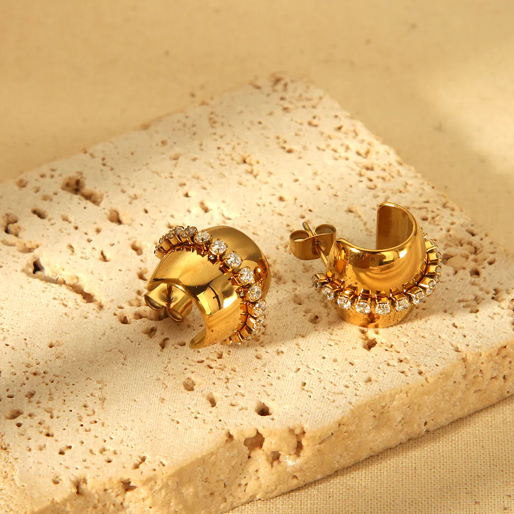 18K Gold Plated Waterproof Stainless Steel C-Shaped Stud Earrings Paved Cubic Zirconia Luxury Elegant Women Fashion Ear Jewelry - Image 2