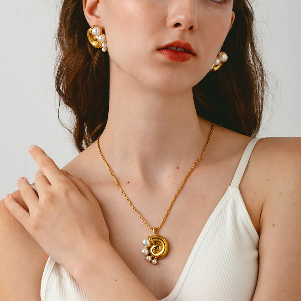 Ins Ocean Style 18K Gold Plated Waterproof Stainless Steel Jewelry Faux Pearl Conch Stud Earrings Pendant Necklace - Image 3