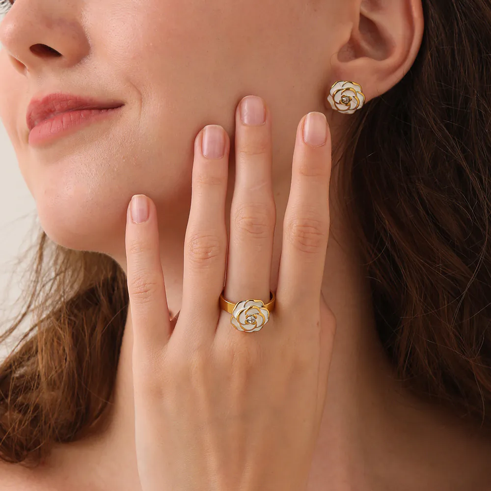 18K Gold Plated Durable Waterproof Stainless Steel Camellia Stud Earrings Open Rings for Women, Ins Style Enamel Inlaid Cubic Zirconia Elegant Jewelry Sold Separately - Image 3
