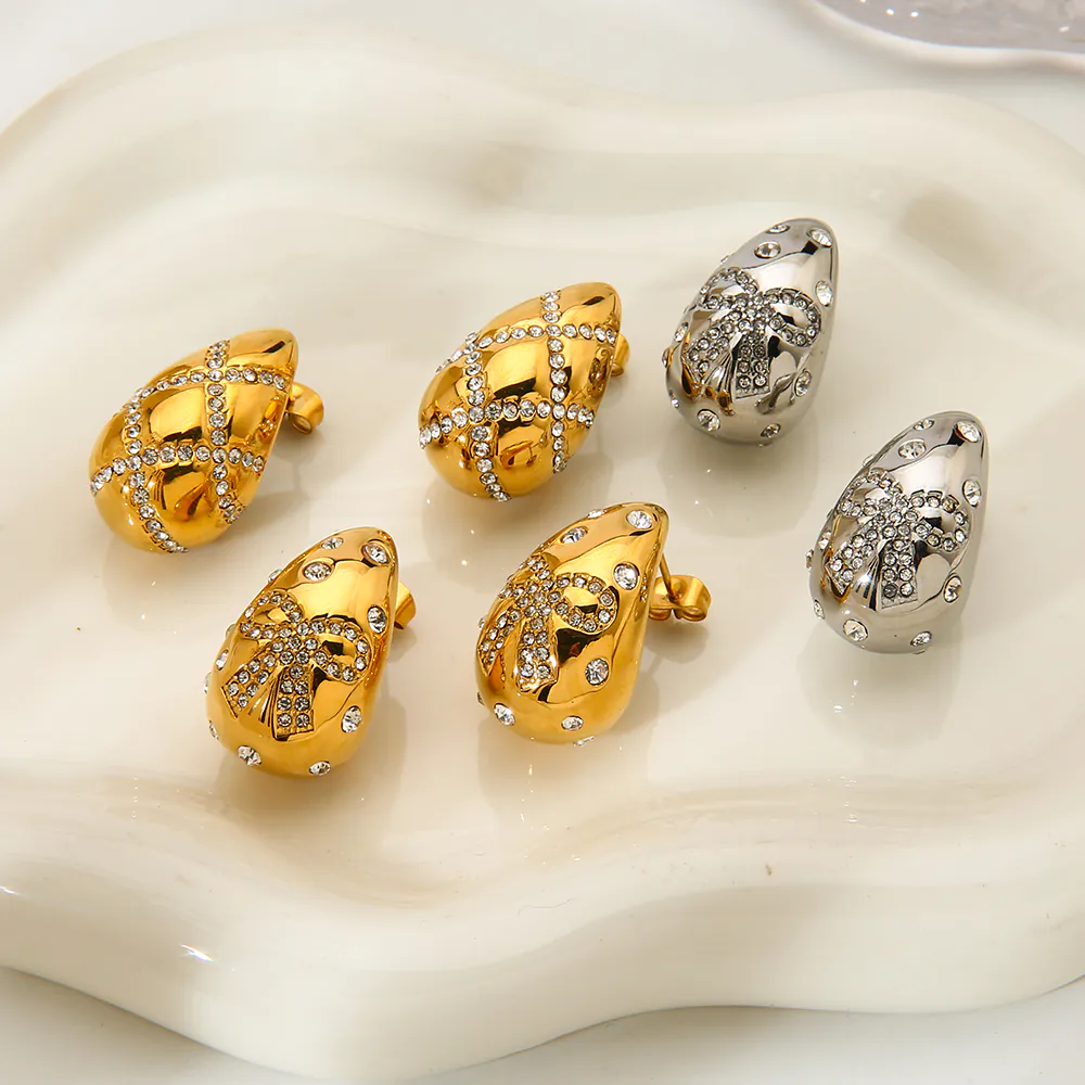 18K Gold Plated Waterproof Stainless Steel Teardrop Stud Earrings Luxury Inlaid Cubic Zirconia Bow Ear Jewelry, High-End Fashion Accessories For Women - Image 2