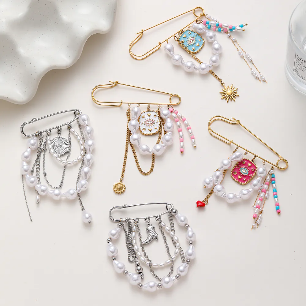 Ins Style 18K Gold Plated Waterproof Stainless Steel Brooch Faux Pearl Tassel Pendant Multi-purpose Pin Fashion Clothing Accessory For Women - Image 4
