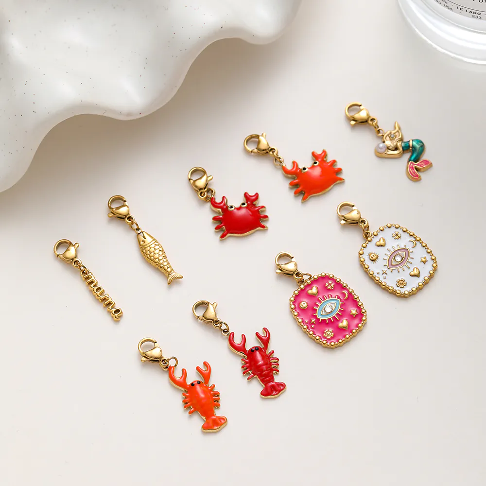 18K Gold Plated Waterproof Stainless Steel Enamel Charms, Crab Lobster Mermaid Pendant Charms, DIY Jewelry Making Accessories With Lobster Clasp For Bracelet Necklace - Image 2