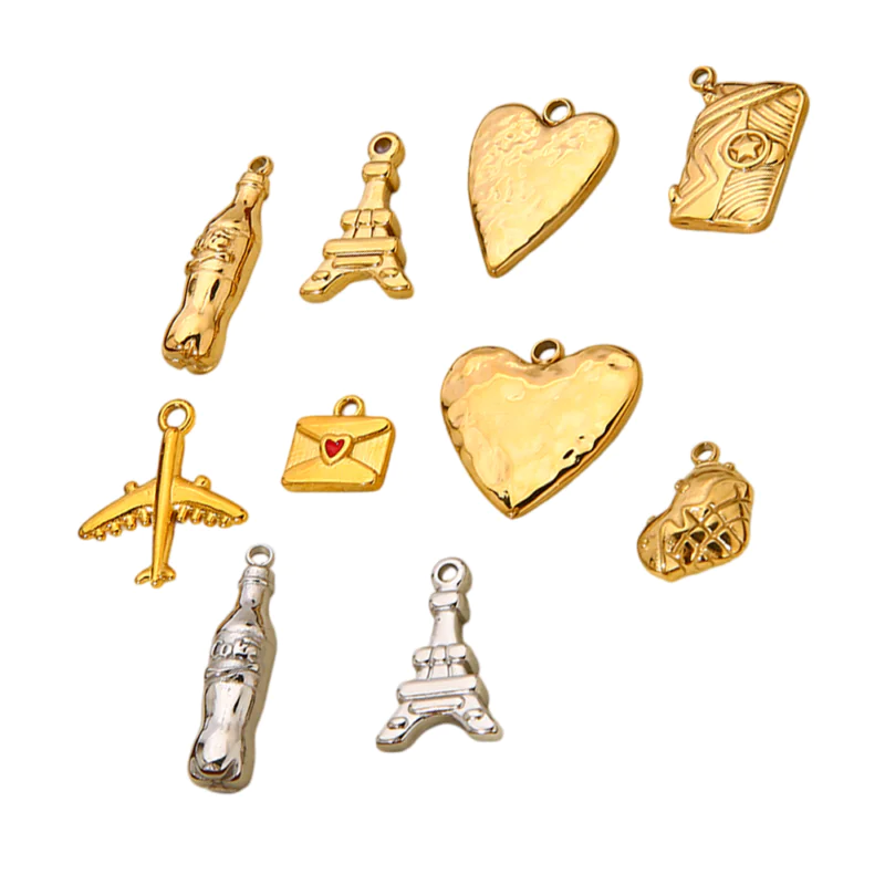 18K Gold-Plated Stainless Steel Charms, Eiffel Tower Hammered Heart Pendants Waterproof Anti-Tarnish DIY Jewelry Making Supplies