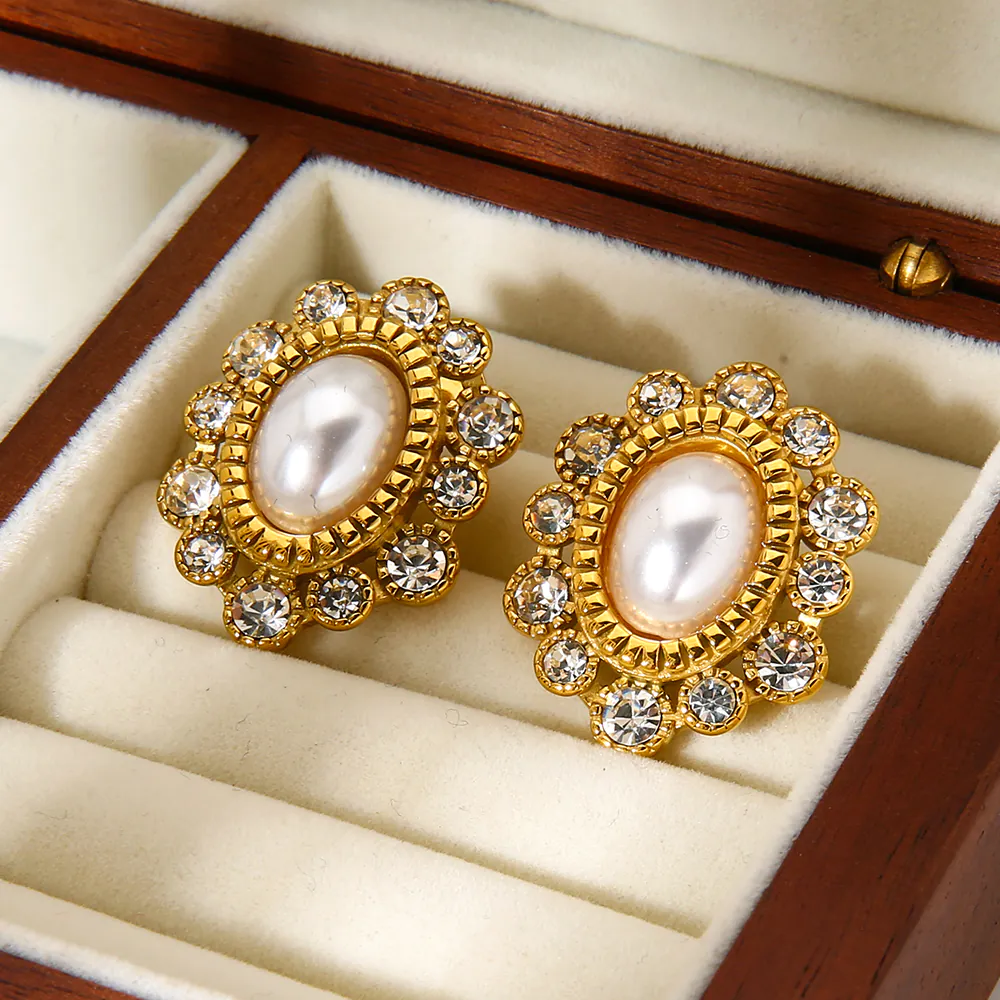 18K Gold-Plated Stainless Steel Rhinestone Imitation Pearl Flower Stud Earrings Vintage Luxury Elegant Earrings For Women - Image 2