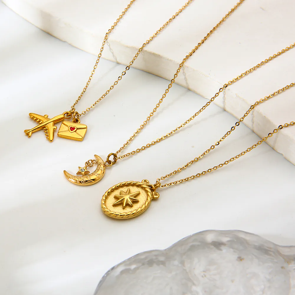 18K Gold-Plated Waterproof Stainless Steel Necklace, Moon Star Airplane Love Envelope Pendant Necklace INS Dainty Women Fashion Jewelry - Image 4