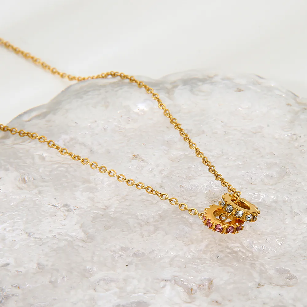 18K Gold Plated Stainless Steel Double Ring Pendant Necklace for Women, Ins Minimalist Luxury Niche Design Necklace Inlaid Pink & White Cubic Zirconia Dainty Neck Jewelry - Image 5