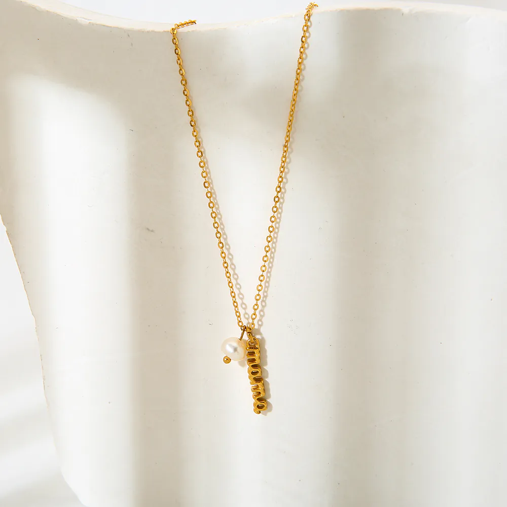 18K Gold Plated Stainless Steel Mama Letter Pendant Necklace For Women Dainty Faux Pearl Charm Minimalist Niche Design Jewelry Gift For Mom - Image 4