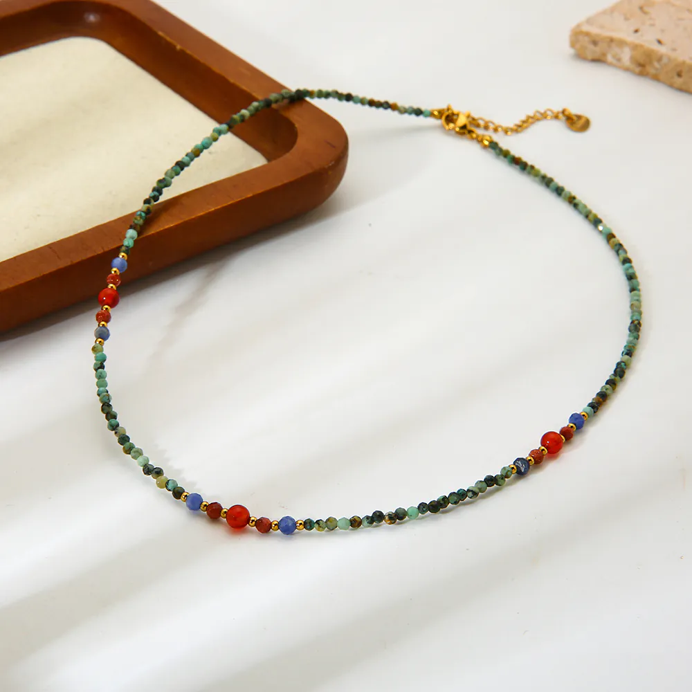 18K Gold Plated Stainless Steel Natural Stone Beaded Collarbone Necklace for Women Vintage High-End Dainty Bead Choker, Minimalist Luxury Niche Daily Jewelry Accessory - Image 4