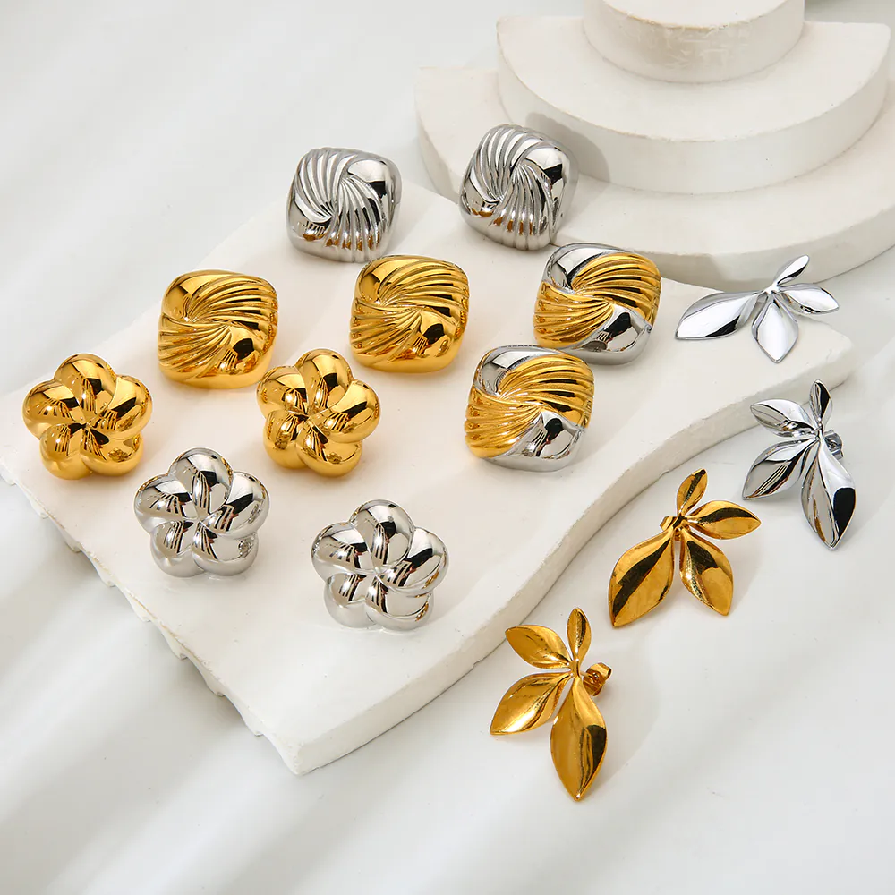 18K Gold Plated Waterproof Stainless Steel Geometric Irregular Spiral Stud Earrings, Ins Niche Luxury Textured Ear Jewelry For Women Daily Wear - Image 5