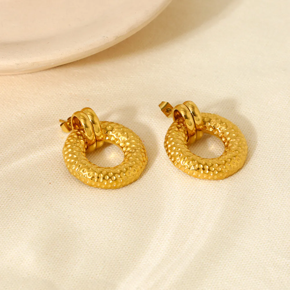Ins Style 18K Gold Plated Stainless Steel Round Hammered Stud Earrings, Minimalist Versatile Fashion Ear Jewelry for Women Daily Wear - Image 3