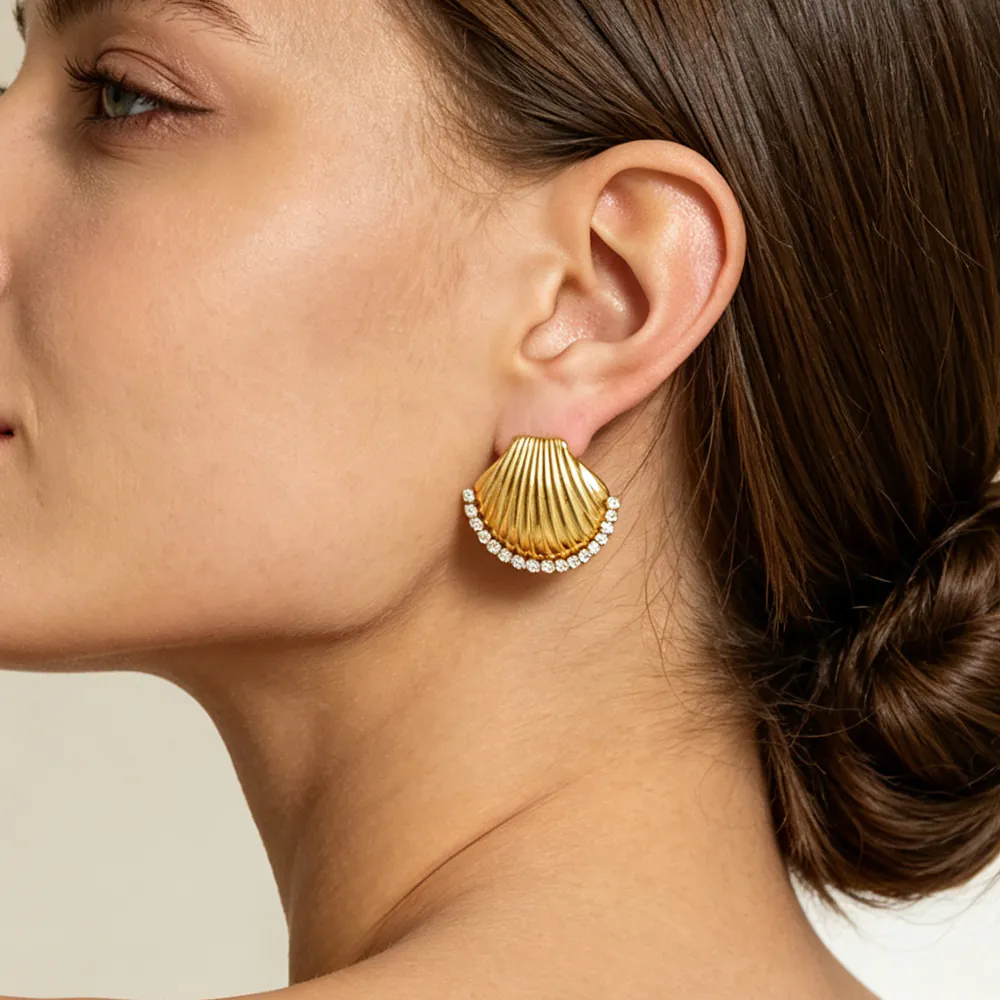 18K Gold Plated Waterproof Stainless Steel Stud Earrings INS Style Inlaid Cubic Zirconia Shell Ear Jewelry Ocean Element Versatile Earrings For Women Daily Wear - Image 3