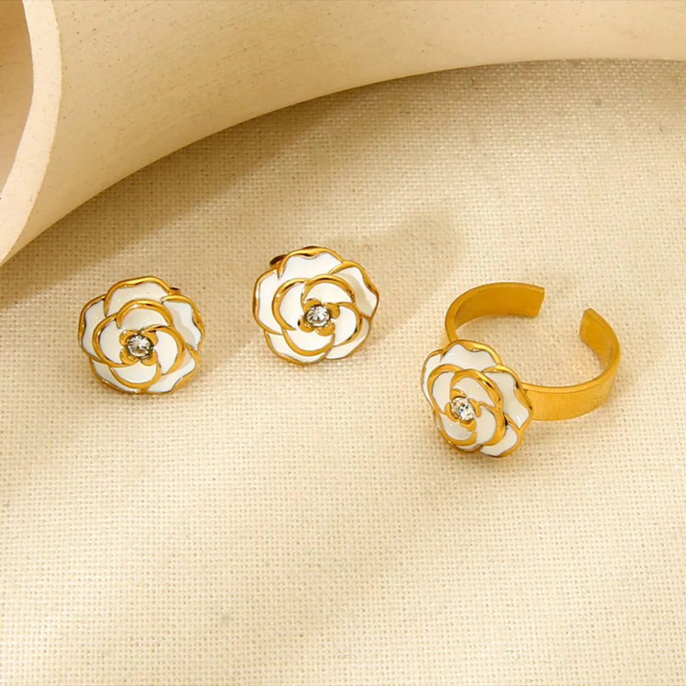 18K Gold Plated Durable Waterproof Stainless Steel Camellia Stud Earrings Open Rings for Women, Ins Style Enamel Inlaid Cubic Zirconia Elegant Jewelry Sold Separately - Image 5