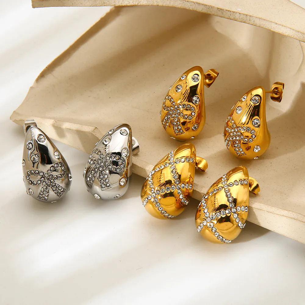 18K Gold Plated Waterproof Stainless Steel Teardrop Stud Earrings Luxury Inlaid Cubic Zirconia Bow Ear Jewelry, High-End Fashion Accessories For Women - Image 4