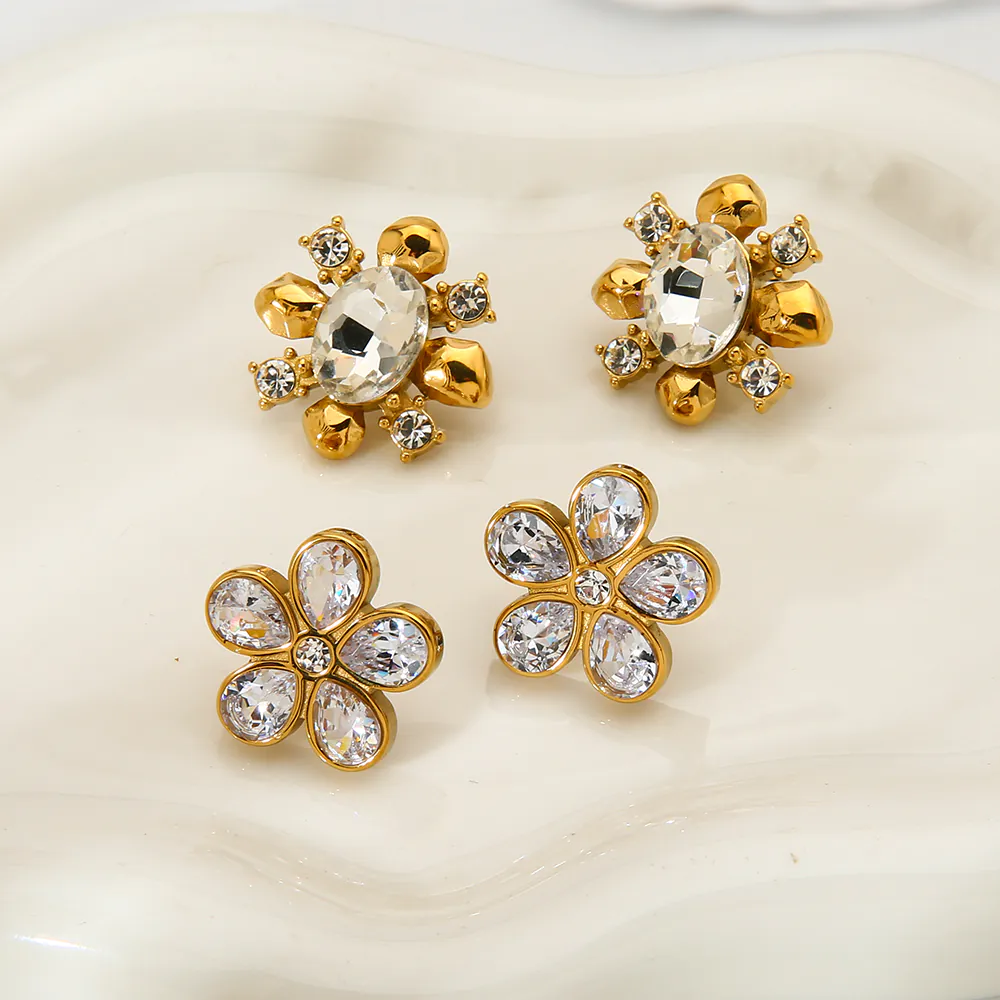 Ins Style 18K Gold Plated Stainless Steel Flower Stud Earrings, Inlaid Cubic Zirconia Fadeproof Luxury Designer Ear Jewelry For Women Daily Wear - Image 4
