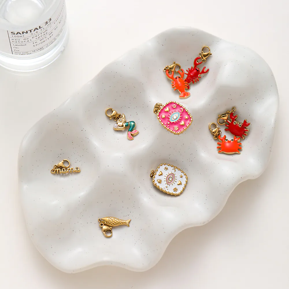 18K Gold Plated Waterproof Stainless Steel Enamel Charms, Crab Lobster Mermaid Pendant Charms, DIY Jewelry Making Accessories With Lobster Clasp For Bracelet Necklace - Image 3