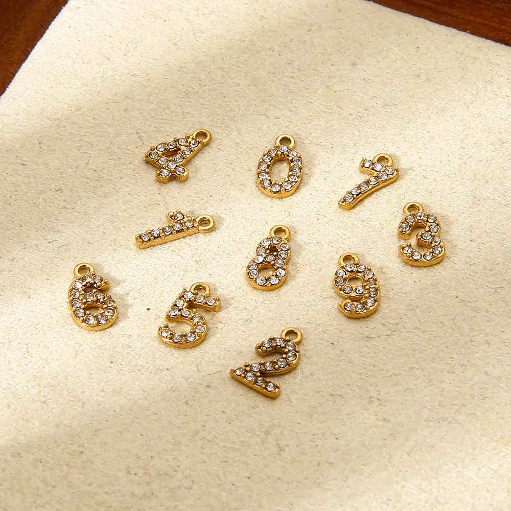 18K Gold-Plated Waterproof Stainless Steel Number Charms Rhinestone Zircon Lucky Number Pendants DIY Jewelry Making Supplies - Image 3