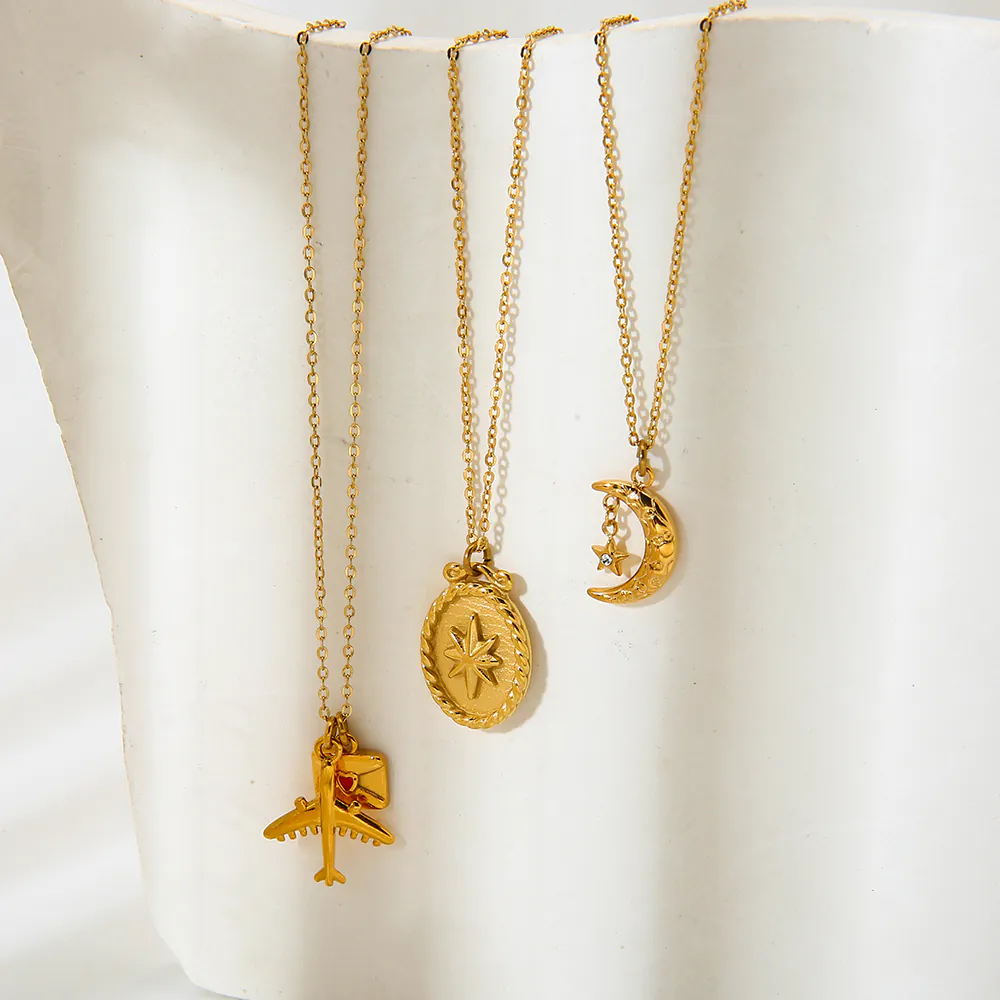 18K Gold-Plated Waterproof Stainless Steel Necklace, Moon Star Airplane Love Envelope Pendant Necklace INS Dainty Women Fashion Jewelry - Image 5