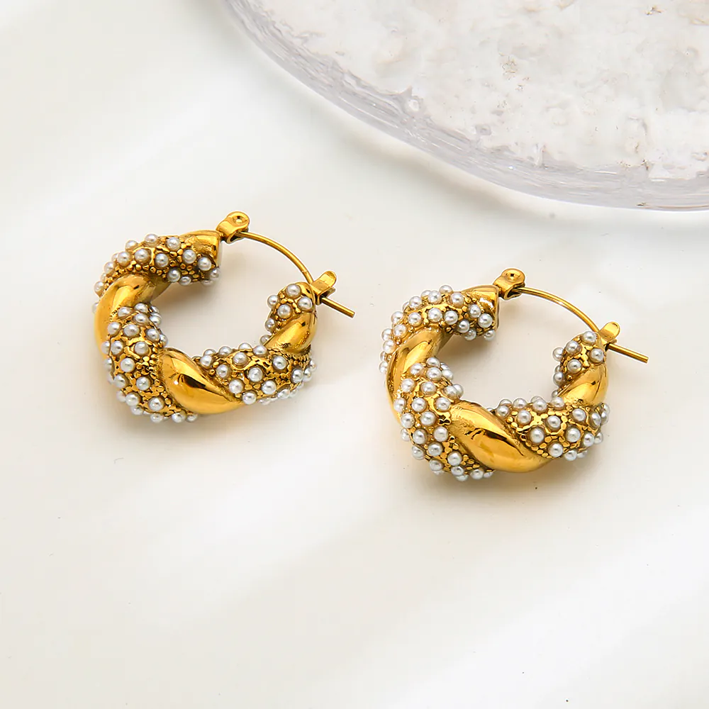 18K Gold-Plated Waterproof Stainless Steel Twisted Hoop Huggie Earrings INS Rhinestone & Imitation Pearl Braided Ear Buckles For Women Luxury Elegant Jewelry - Image 5