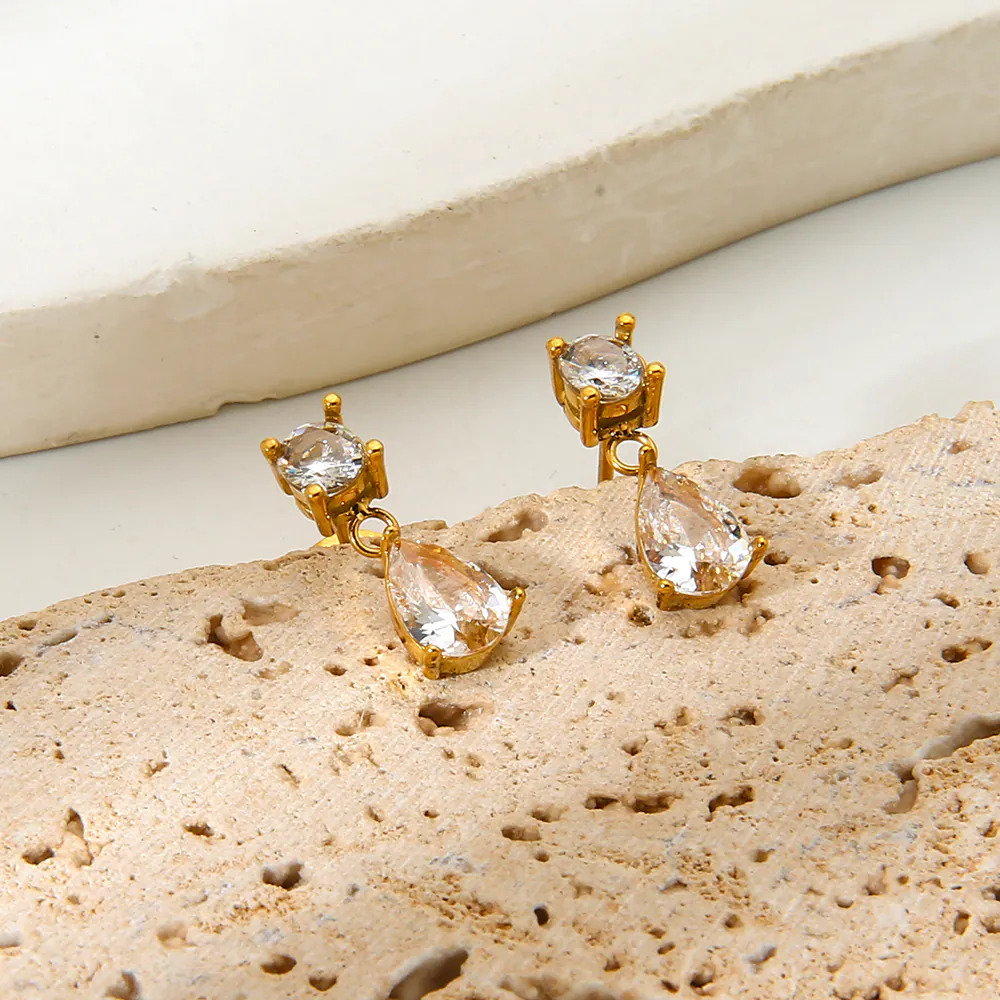 18K Gold‑Plated Waterproof Stainless Steel Geometric Teardrop Round Zircon Jewelry Dainty Pendant Necklace Drop Stud Earrings Minimal Luxury Women Ornaments - Image 4