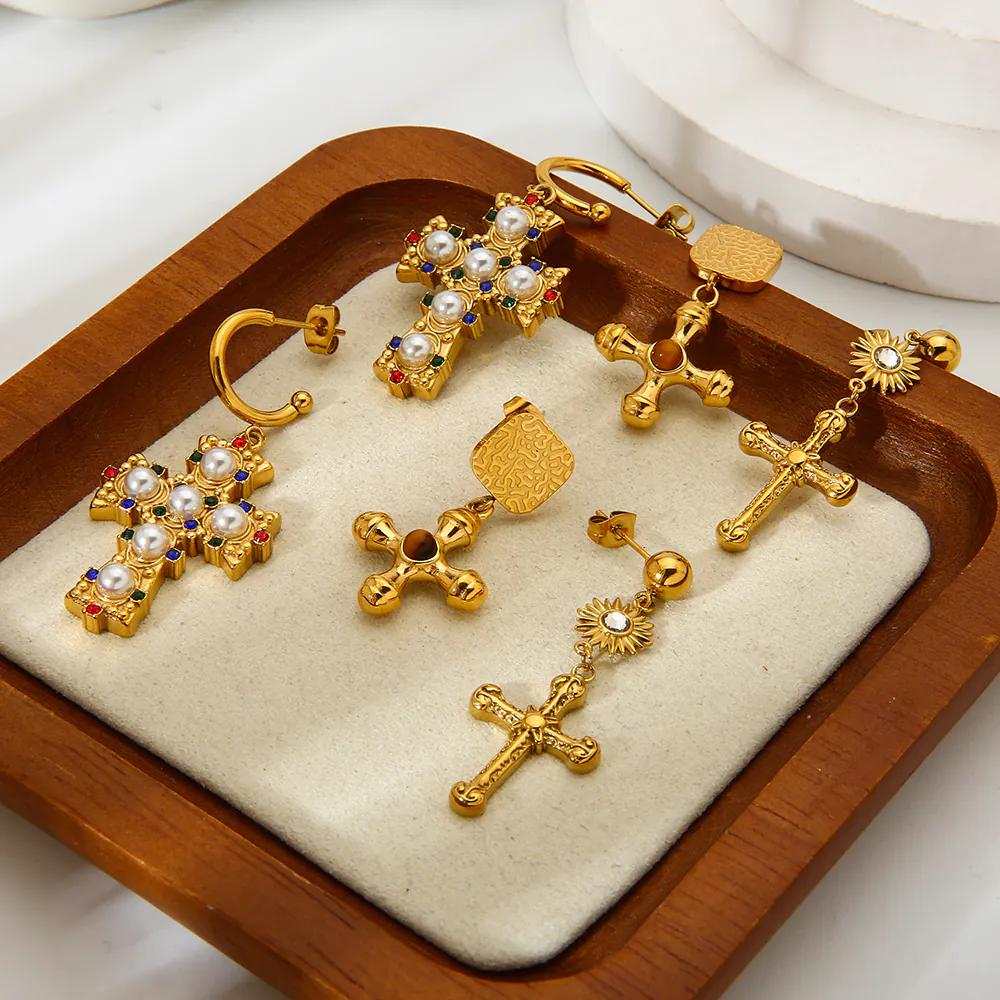 18K Gold Plated Waterproof Stainless Steel Cross Pendant Stud Earrings For Women Minimalist Luxury Niche Drop Ear Jewelry - Image 4