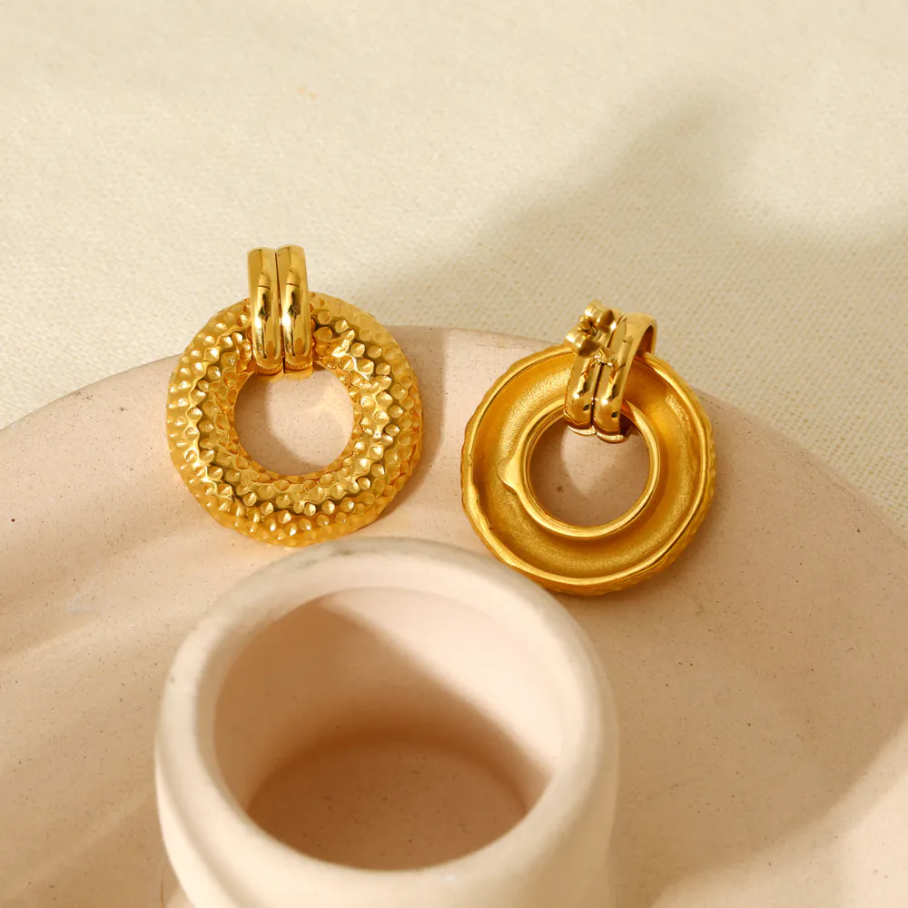 Ins Style 18K Gold Plated Stainless Steel Round Hammered Stud Earrings, Minimalist Versatile Fashion Ear Jewelry for Women Daily Wear - Image 5