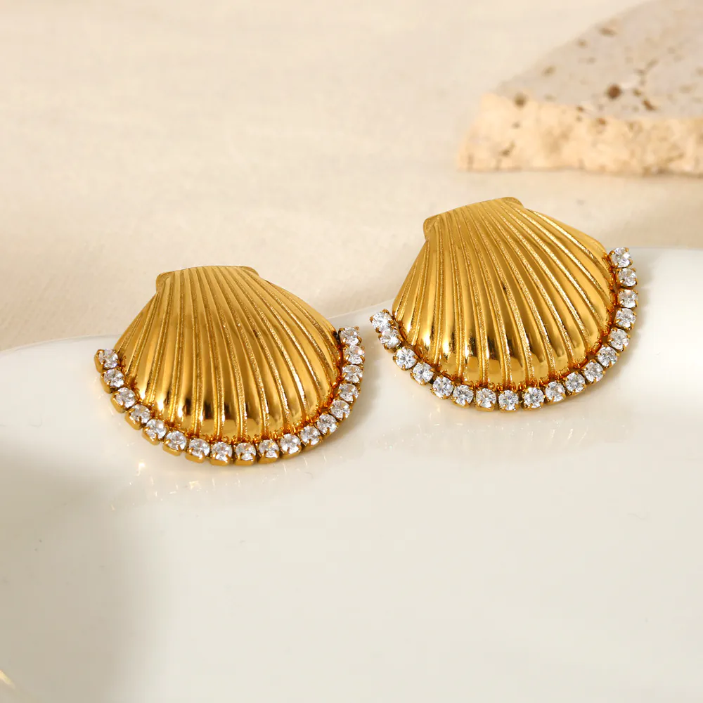 18K Gold Plated Waterproof Stainless Steel Stud Earrings INS Style Inlaid Cubic Zirconia Shell Ear Jewelry Ocean Element Versatile Earrings For Women Daily Wear - Image 2