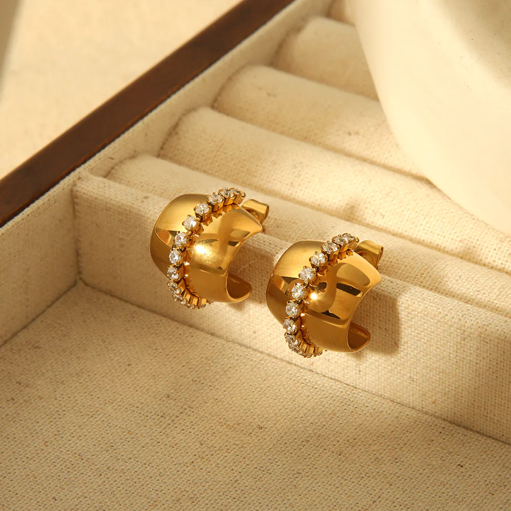 18K Gold Plated Waterproof Stainless Steel C-Shaped Stud Earrings Paved Cubic Zirconia Luxury Elegant Women Fashion Ear Jewelry - Image 4