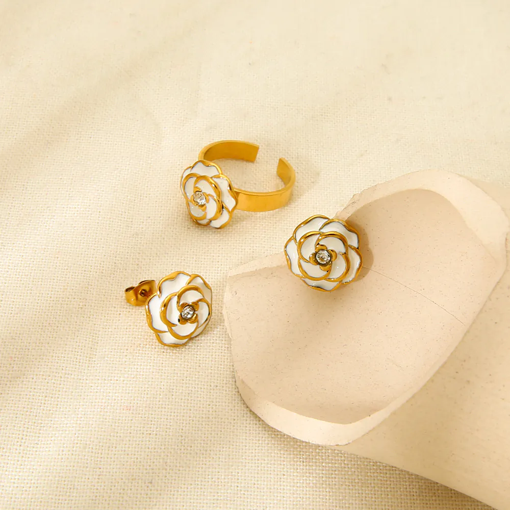 18K Gold Plated Durable Waterproof Stainless Steel Camellia Stud Earrings Open Rings for Women, Ins Style Enamel Inlaid Cubic Zirconia Elegant Jewelry Sold Separately - Image 2