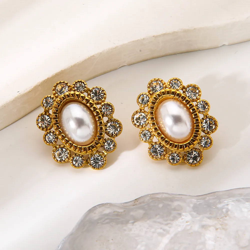 18K Gold-Plated Stainless Steel Rhinestone Imitation Pearl Flower Stud Earrings Vintage Luxury Elegant Earrings For Women - Image 4
