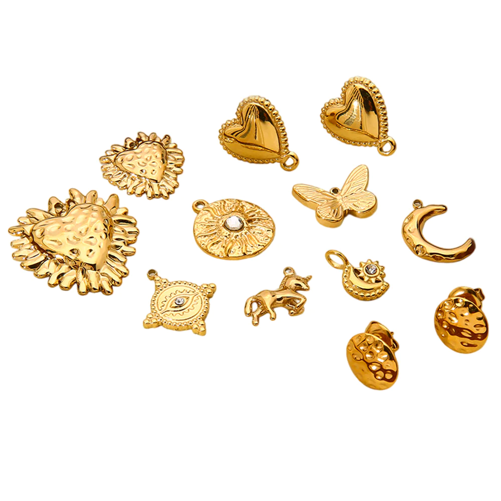 18K Gold Plated Waterproof Stainless Steel Charms Heart Butterfly Moon Unicorn Sun Evil Eye Pendants DIY Jewelry Making Supplies for Necklaces Earrings
