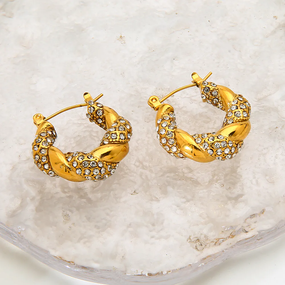 18K Gold-Plated Waterproof Stainless Steel Twisted Hoop Huggie Earrings INS Rhinestone & Imitation Pearl Braided Ear Buckles For Women Luxury Elegant Jewelry - Image 6