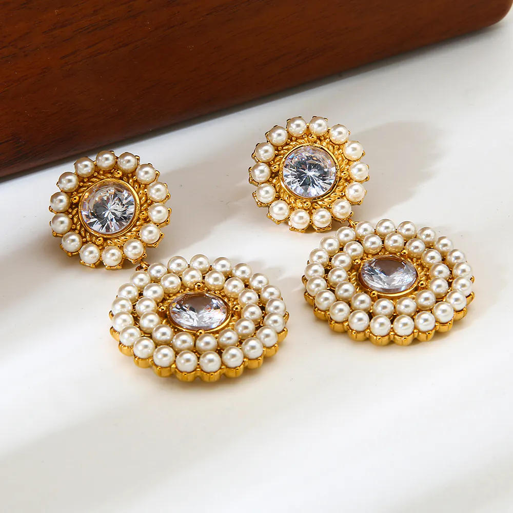 18K Gold‑Plated Waterproof Stainless Steel Earrings Round Cubic Zirconia Imitation Pearl Circle Dangle Earrings Niche Luxury Women Jewelry - Image 5