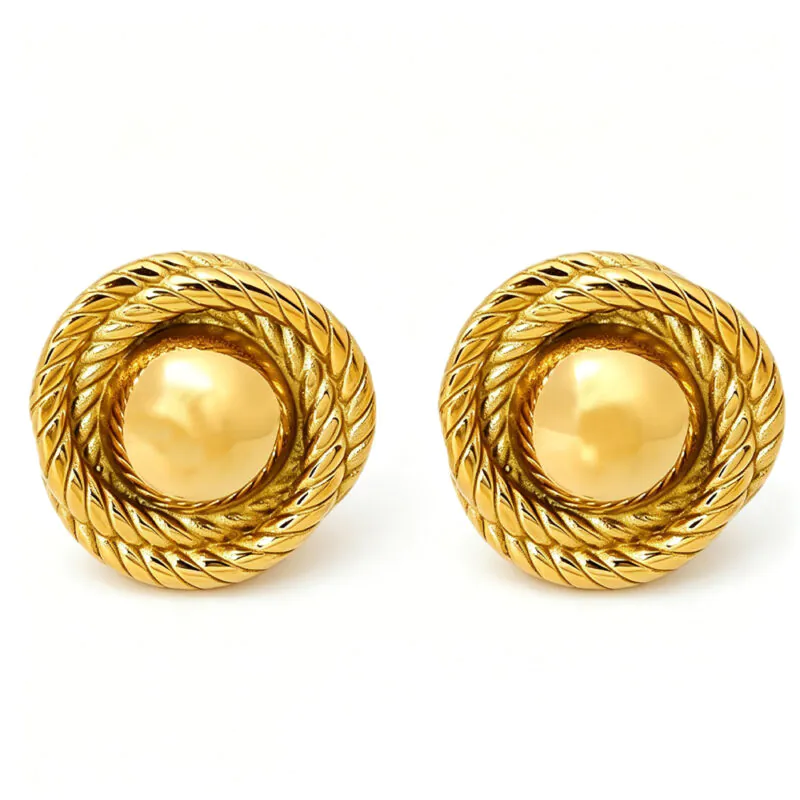 Ins Threaded Textured Round Stainless Steel Stud Earrings, 18K Gold Plated Waterproof Niche Luxury Ear Jewelry For Women Daily Wear