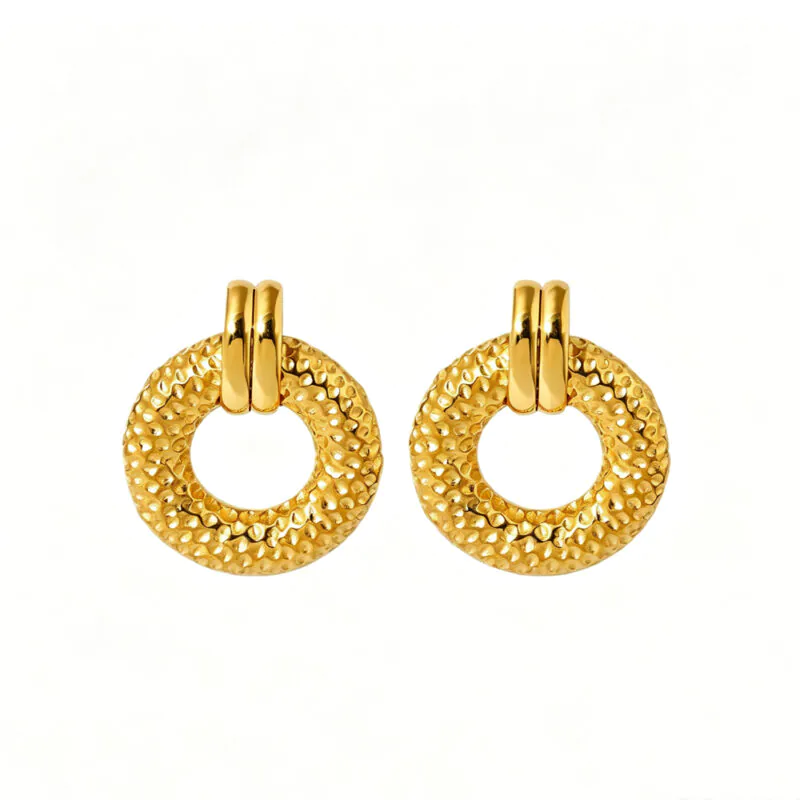 Ins Style 18K Gold Plated Stainless Steel Round Hammered Stud Earrings, Minimalist Versatile Fashion Ear Jewelry for Women Daily Wear