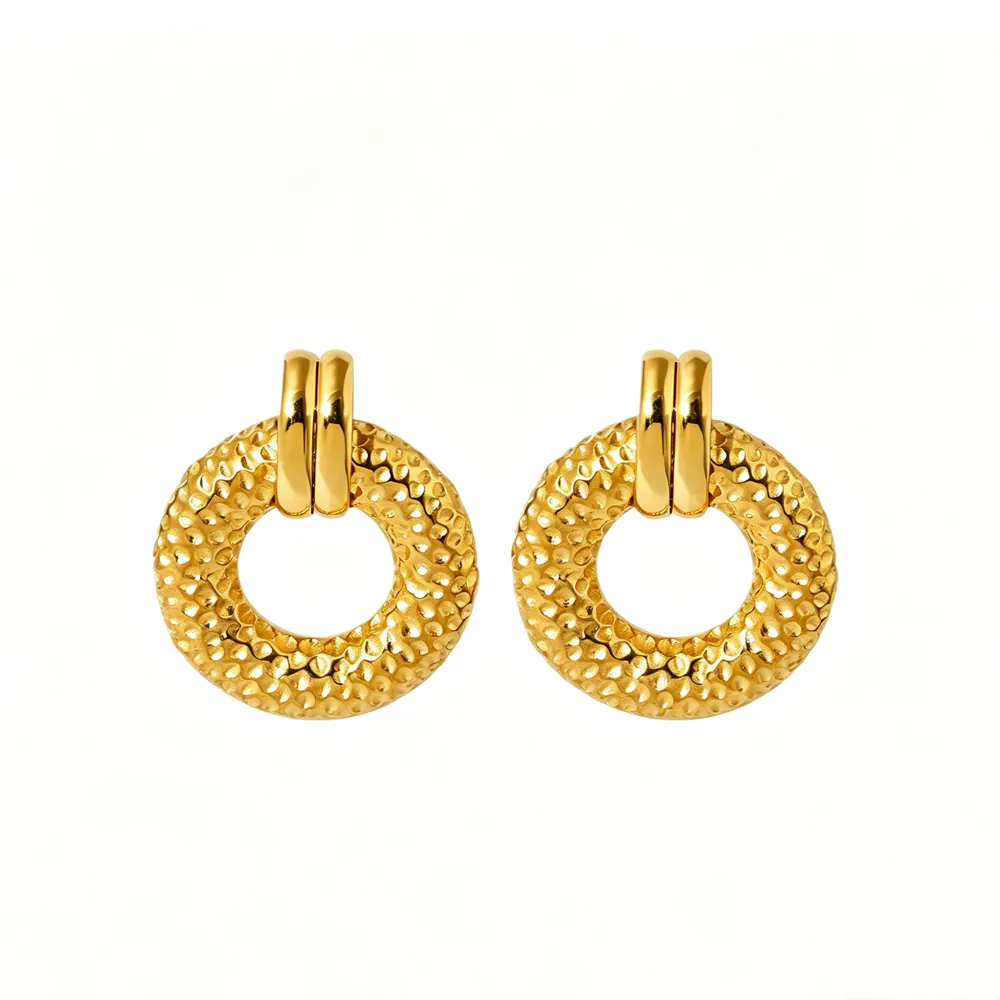 Ins Style 18K Gold Plated Stainless Steel Round Hammered Stud Earrings, Minimalist Versatile Fashion Ear Jewelry for Women Daily Wear