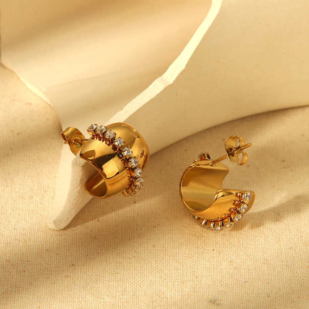 18K Gold Plated Waterproof Stainless Steel C-Shaped Stud Earrings Paved Cubic Zirconia Luxury Elegant Women Fashion Ear Jewelry - Image 5