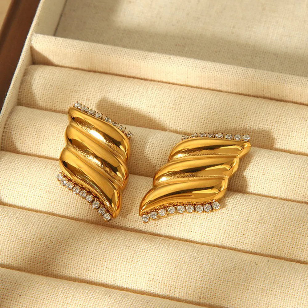 18K Gold Plated Waterproof Stainless Steel Geometric Stud Earrings Inlaid Cubic Zirconia Luxury Minimalist High-End Ear Jewelry For Women - Image 2