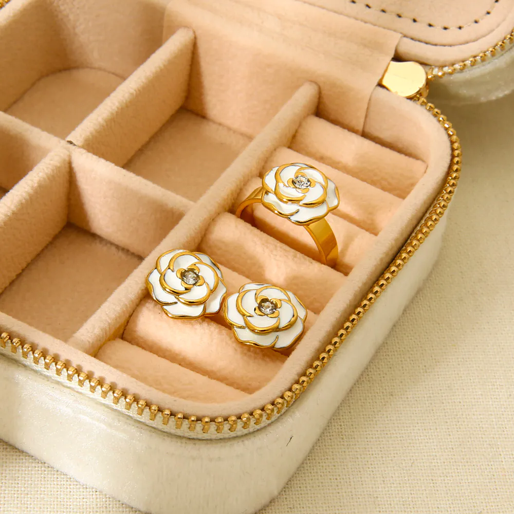 18K Gold Plated Durable Waterproof Stainless Steel Camellia Stud Earrings Open Rings for Women, Ins Style Enamel Inlaid Cubic Zirconia Elegant Jewelry Sold Separately - Image 4