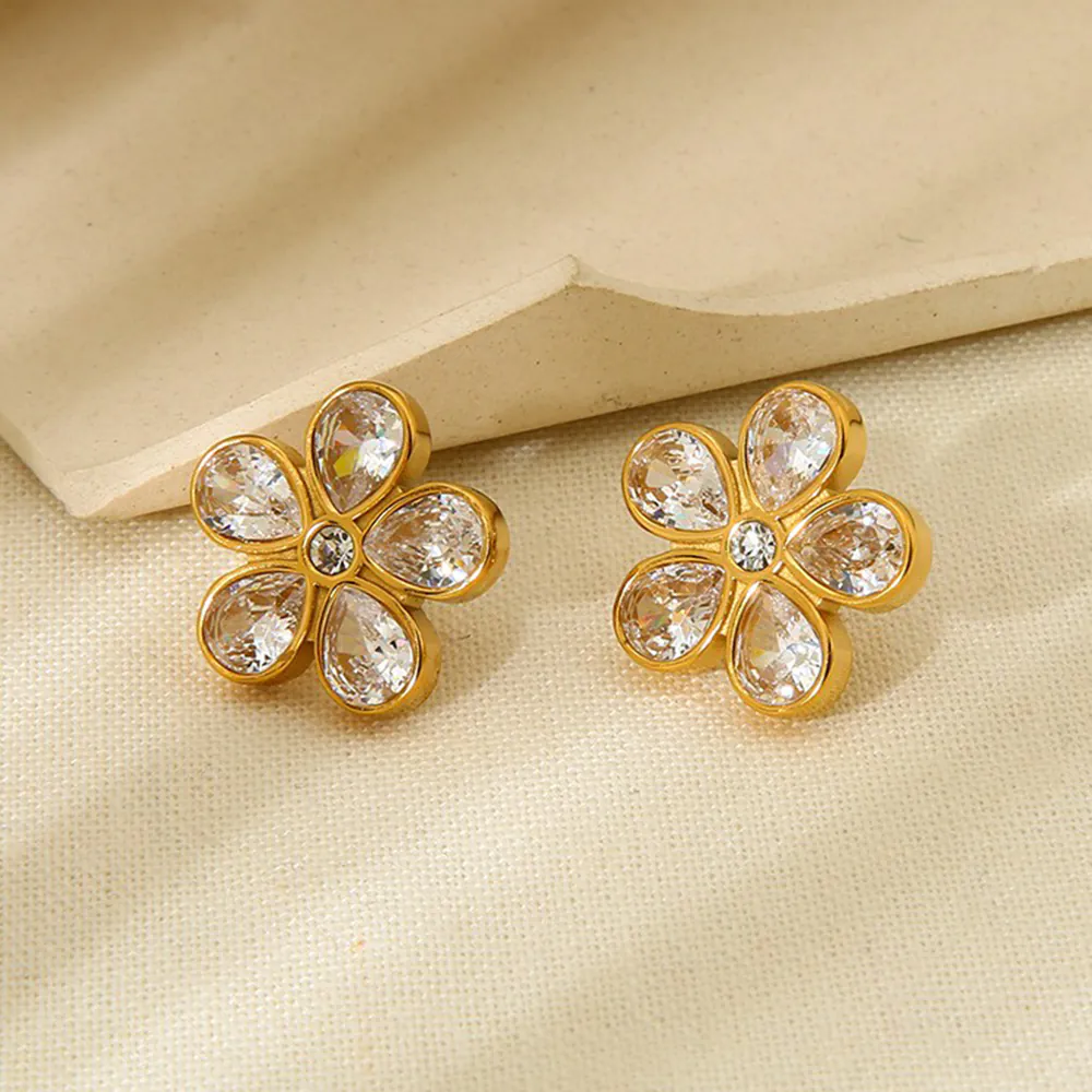 Ins Style 18K Gold Plated Stainless Steel Flower Stud Earrings, Inlaid Cubic Zirconia Fadeproof Luxury Designer Ear Jewelry For Women Daily Wear - Image 6