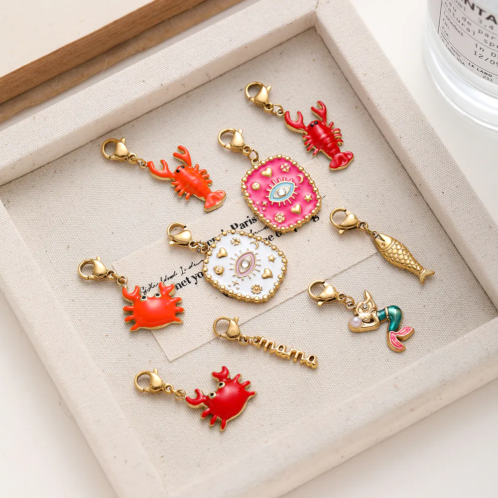 18K Gold Plated Waterproof Stainless Steel Enamel Charms, Crab Lobster Mermaid Pendant Charms, DIY Jewelry Making Accessories With Lobster Clasp For Bracelet Necklace - Image 5
