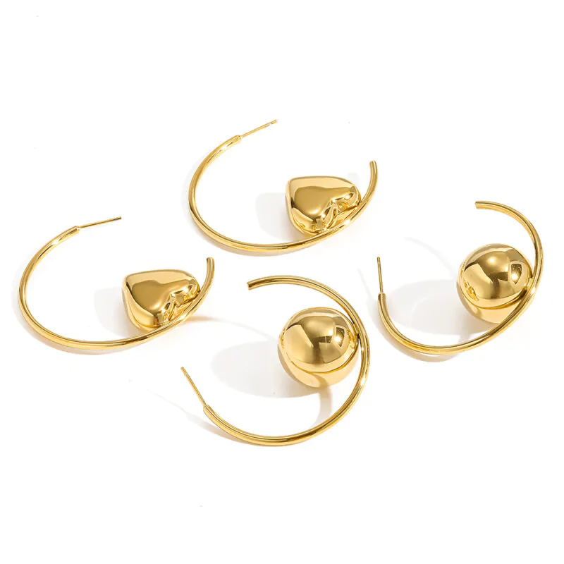18K gold plated large C-shaped heart-shaped round stud earrings with smooth surface stainless steel, non-fading, high-end style