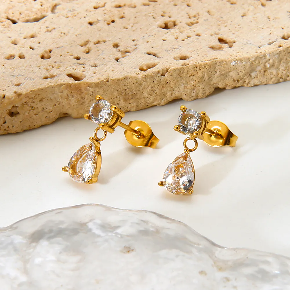 18K Gold‑Plated Waterproof Stainless Steel Geometric Teardrop Round Zircon Jewelry Dainty Pendant Necklace Drop Stud Earrings Minimal Luxury Women Ornaments - Image 6