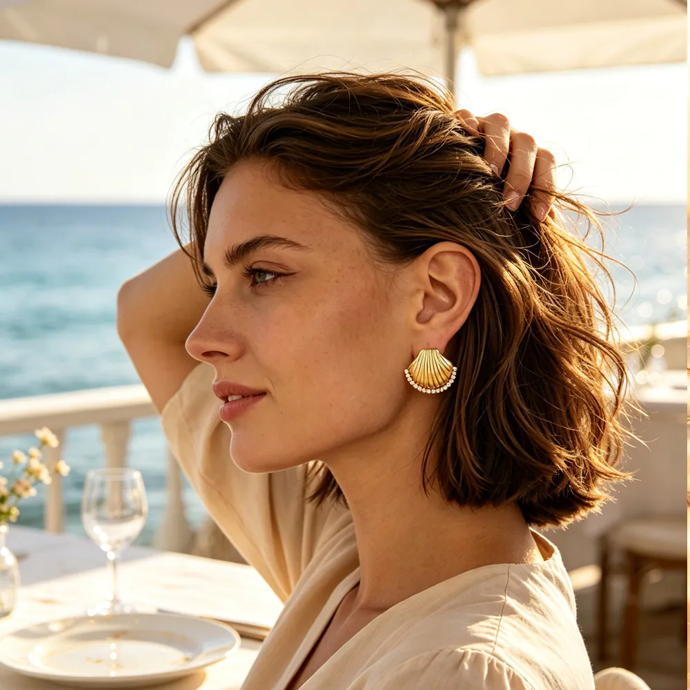 18K Gold Plated Waterproof Stainless Steel Stud Earrings INS Style Inlaid Cubic Zirconia Shell Ear Jewelry Ocean Element Versatile Earrings For Women Daily Wear - Image 6