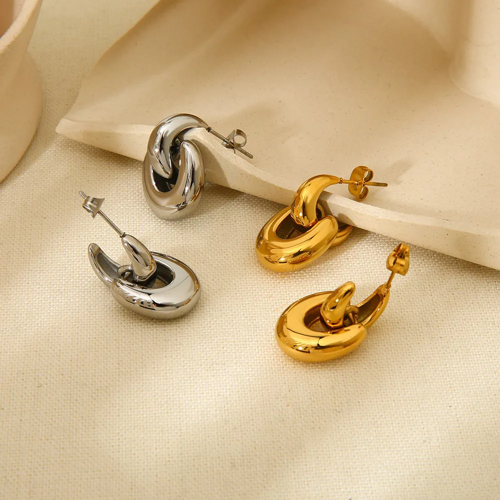 18K Gold Plated Waterproof Stainless Steel Earrings, Ins Light Luxury Smooth Geometric Studs & Ribbed Rectangular Hoop Earrings For Women Daily Wear - Image 7
