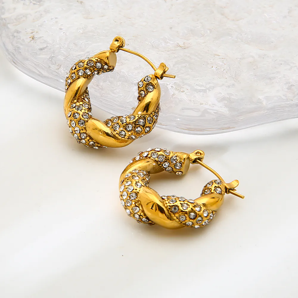 18K Gold-Plated Waterproof Stainless Steel Twisted Hoop Huggie Earrings INS Rhinestone & Imitation Pearl Braided Ear Buckles For Women Luxury Elegant Jewelry - Image 7