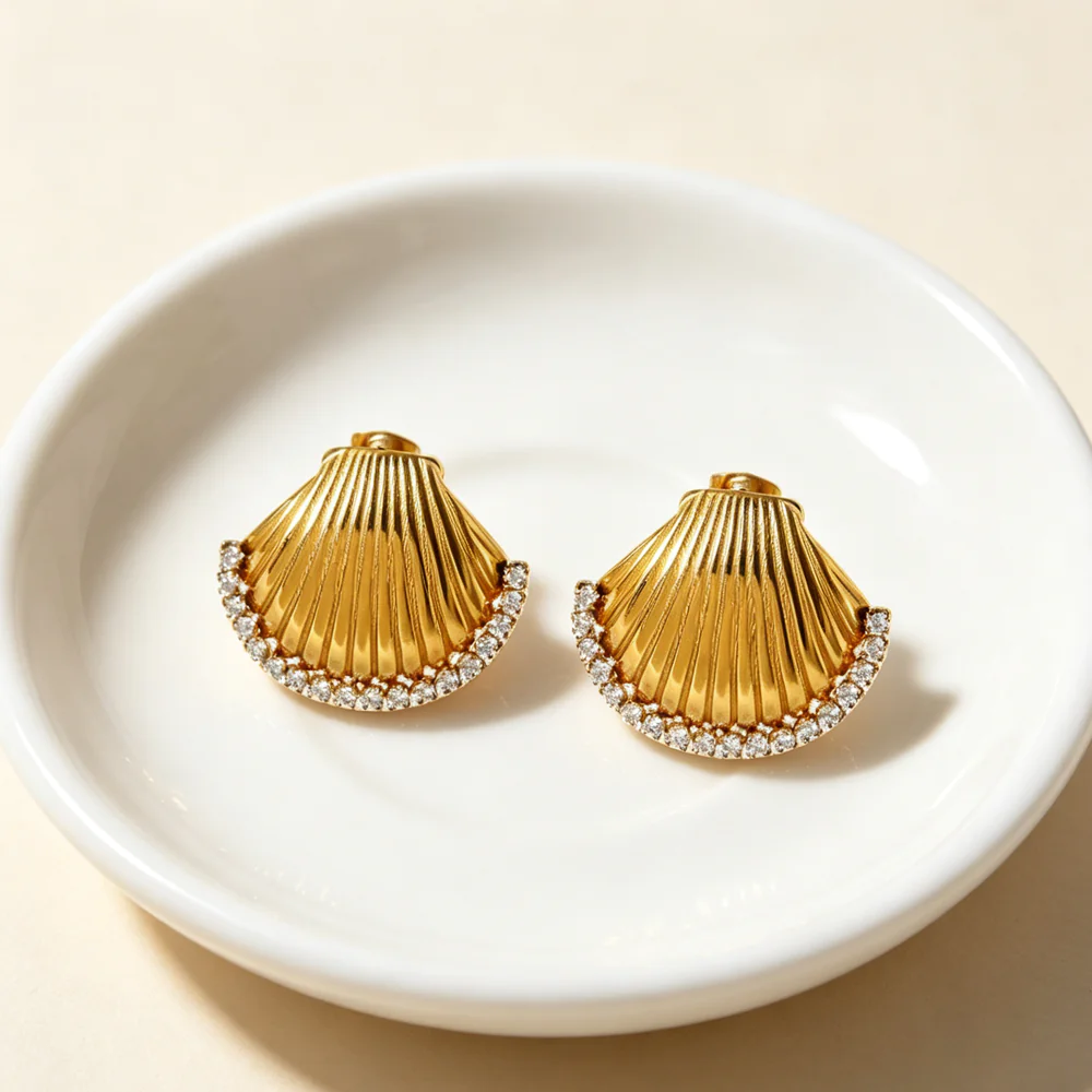 18K Gold Plated Waterproof Stainless Steel Stud Earrings INS Style Inlaid Cubic Zirconia Shell Ear Jewelry Ocean Element Versatile Earrings For Women Daily Wear - Image 5