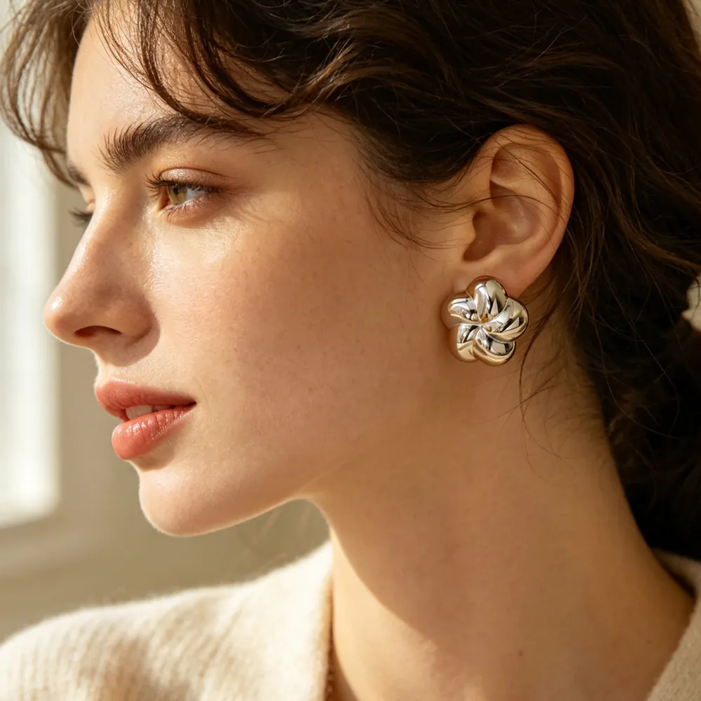 18K Gold Plated Waterproof Stainless Steel Stud Earrings, Ins Spiral Flower Niche Luxury Textured Ear Jewelry For Women Daily Wear - Image 3