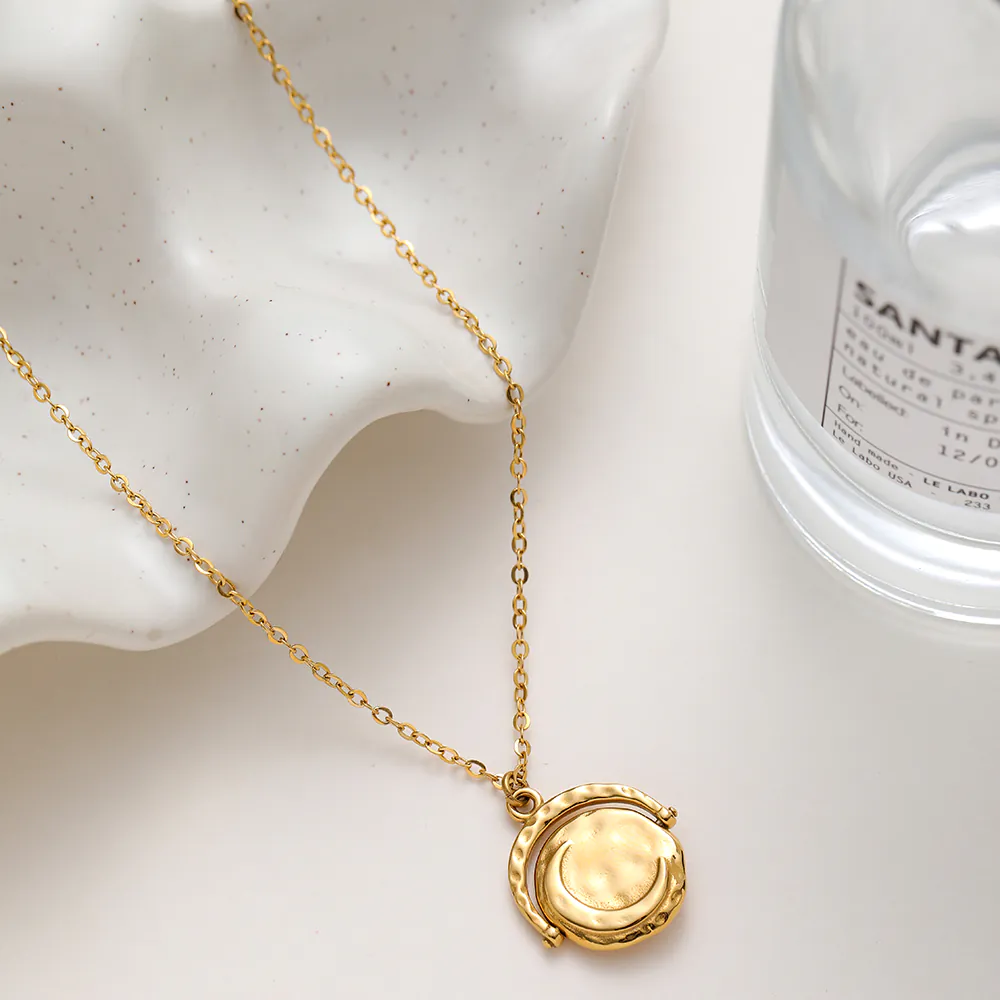 Ins Vintage Luxury 18K Gold Plated Waterproof Stainless Steel Necklace, Rotatable Double Sided Moon Star Pendant Necklace For Women Neck Jewelry - Image 6